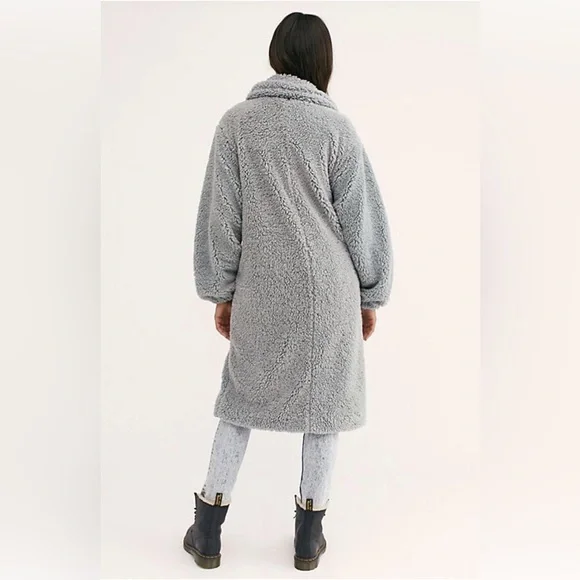 Free People Tessa Cozy Gray Teddy Coat Jacket Dusty Blue L XL - Picture 8 of 16